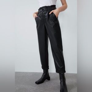 Zara Faux Leather Paper Bag Waist,  Cropped Cuffed Pant, Black, Size XS